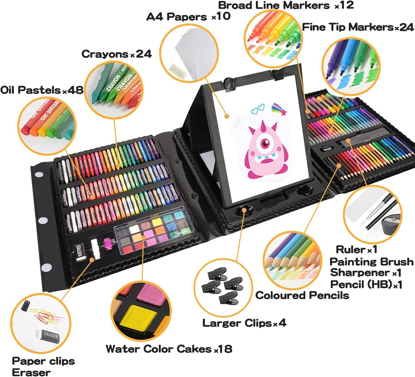 208 PCS Kids Art Set Drawing Supplies with Trifold Easel (Black)