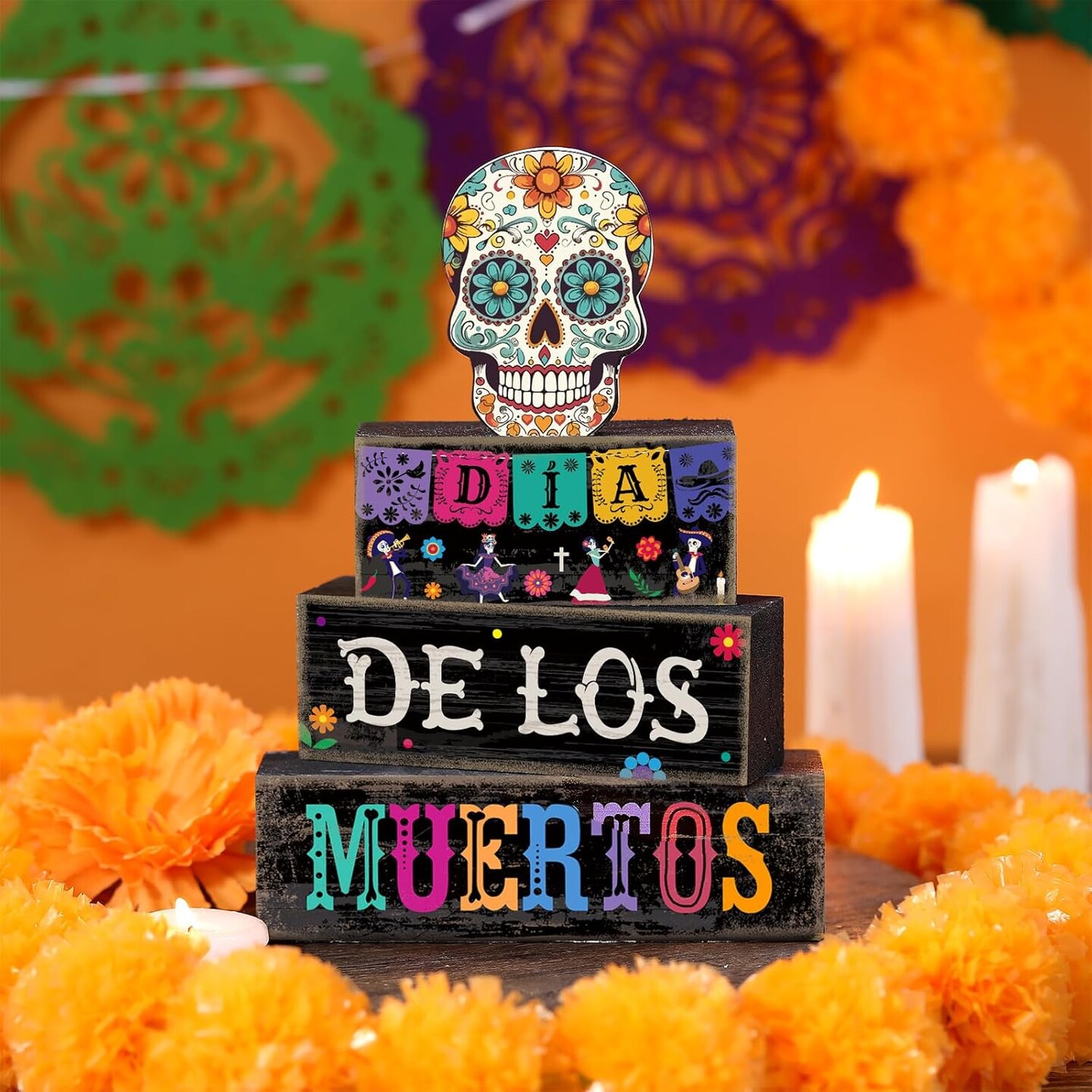 4 Pcs Day of The Dead Table Decorations Day of The Dead Centerpiece for Table Dia De Los Muertos Tiered Tray Decor Wood Sugar Skull Multicolor
