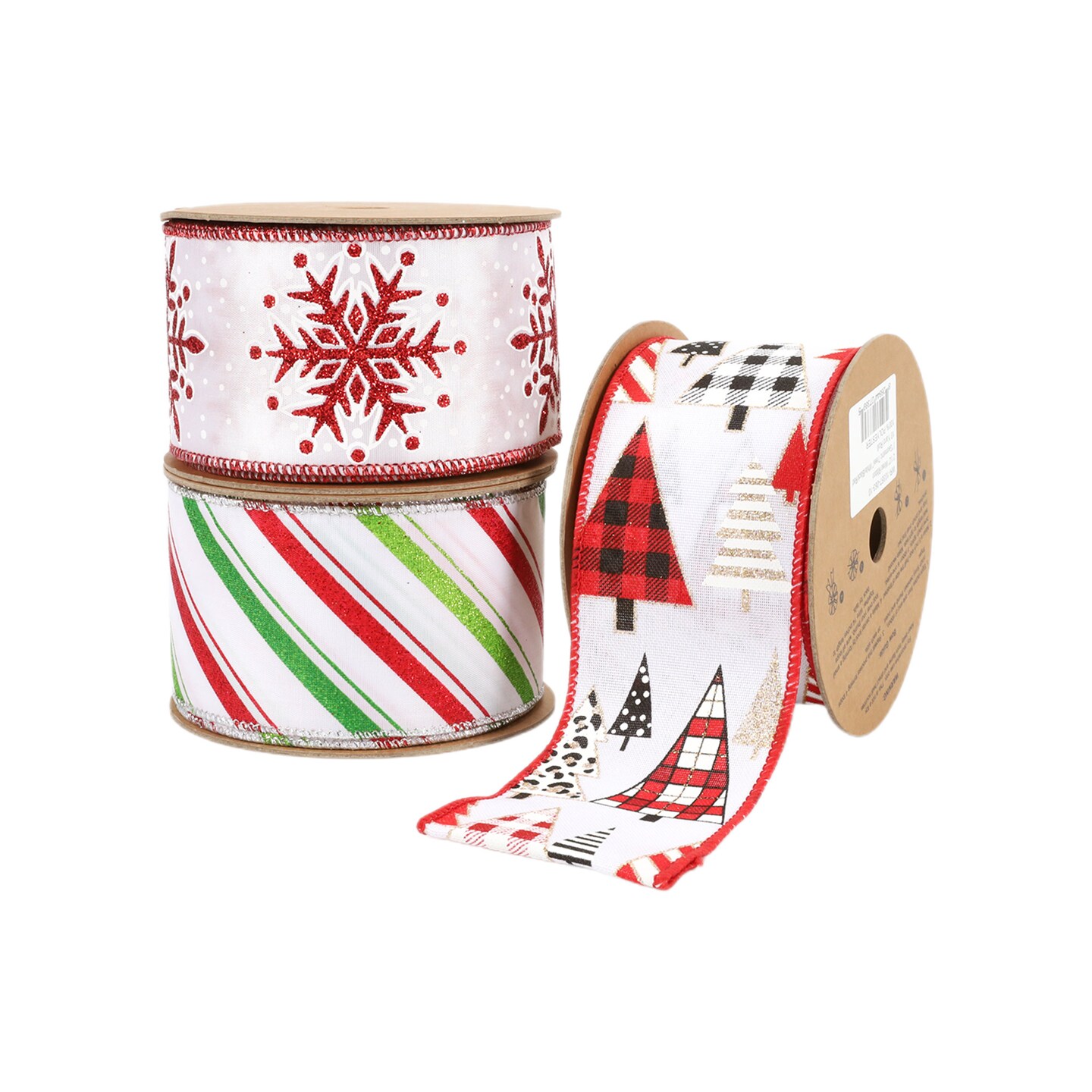 LaRibbons 2 1/2" - 1 1/2" Wired Ribbon | "Geometric Trees" White/Black/Red | 10 Yard Roll