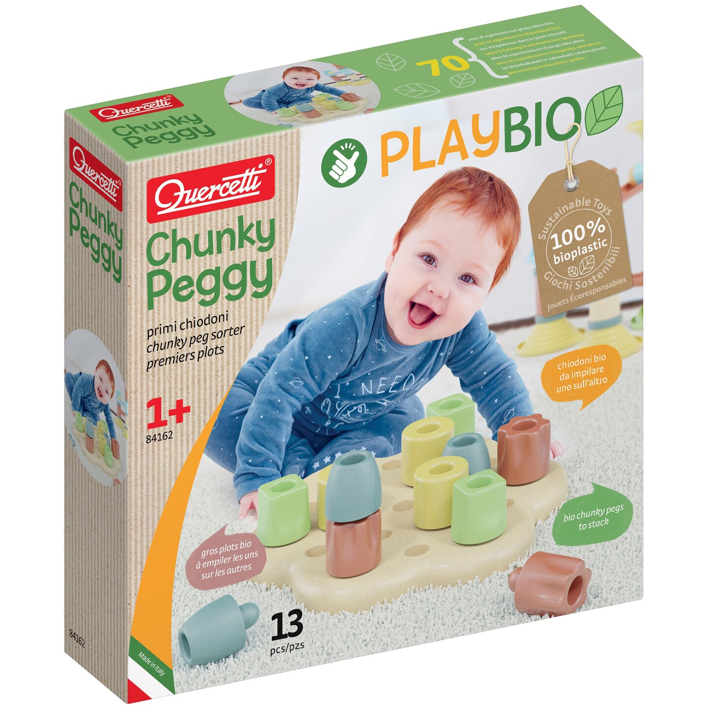 Quercetti: PlayBio - Chunky Peggy - 13pc Peg Blocks Sorting & Stacking Toy, Color Tower Building, Free Play, Eco-Friendly Bioplastic, Baby-Toddler 1+