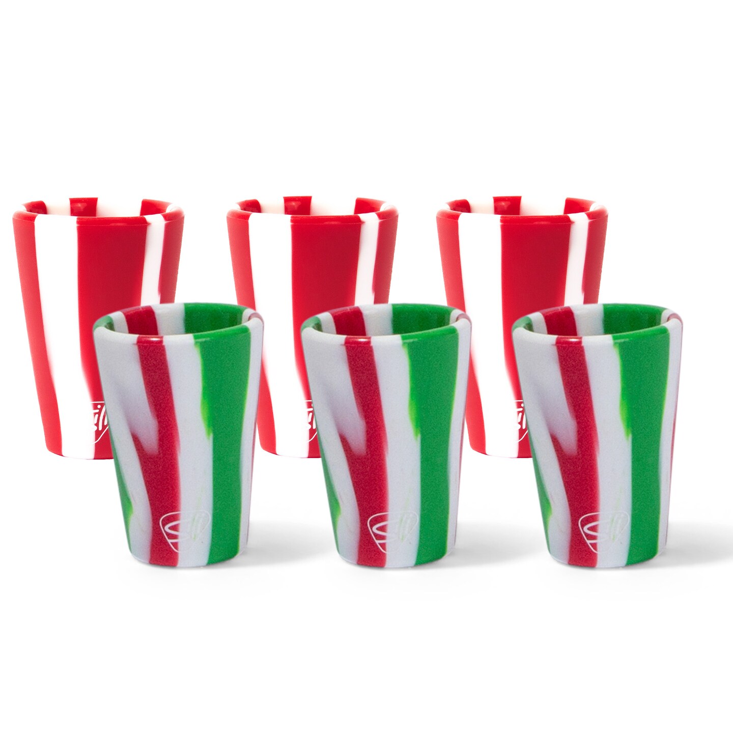 Silipint: Silicone 1.5oz Shot Glasses: 6 Pack - 3 Poinsettia & 3 Peppermint - Unbreakable, Holiday & Christmas Gift, Dishwasher-Microwave-Freezer Safe