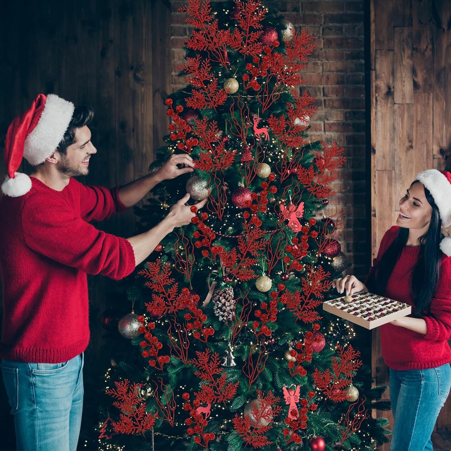 Artificial Christmas Picks Berries Stems Pine Needles(red)