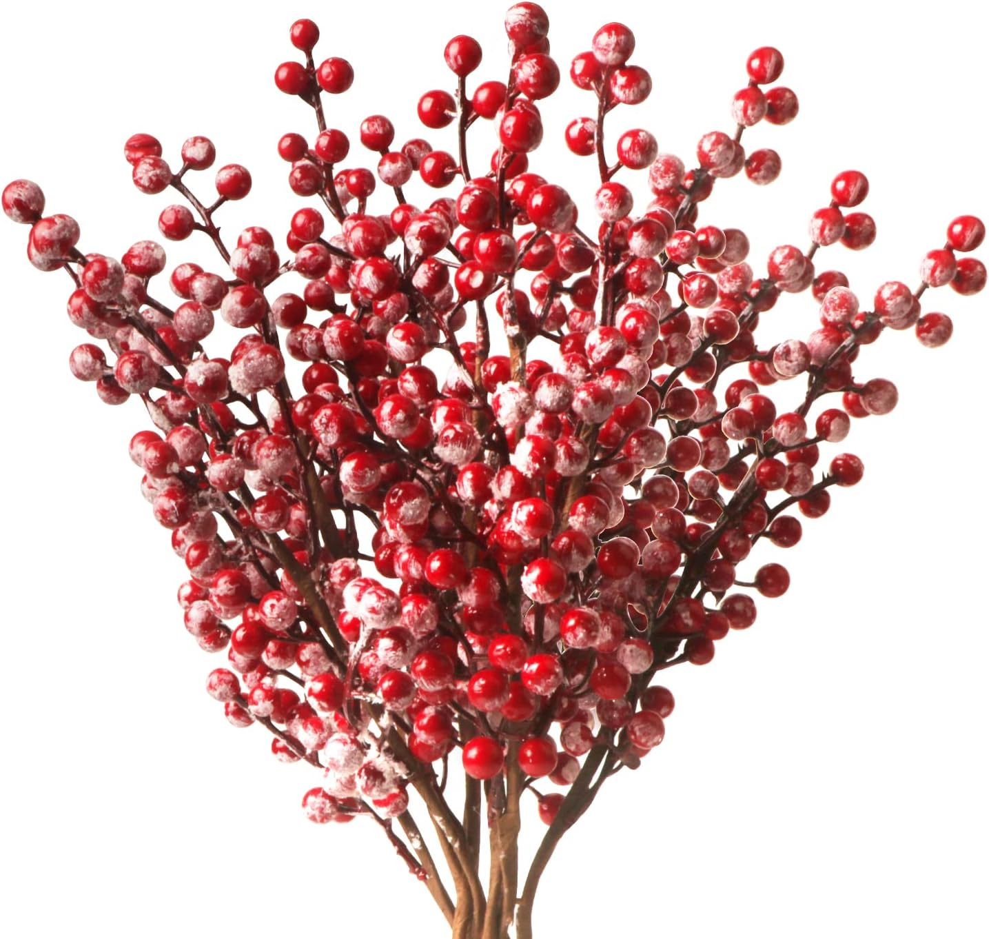 10 Pack Christmas Red Berry Stems(Red -Snowy)