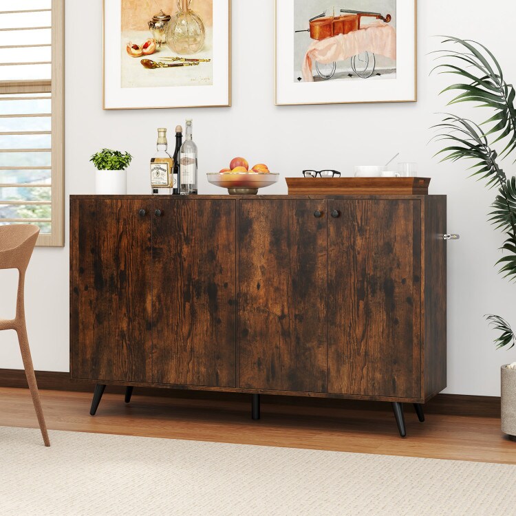 Rustic Brown-Black Engineered Wood 4-Door Buffet Sideboard with Shelves