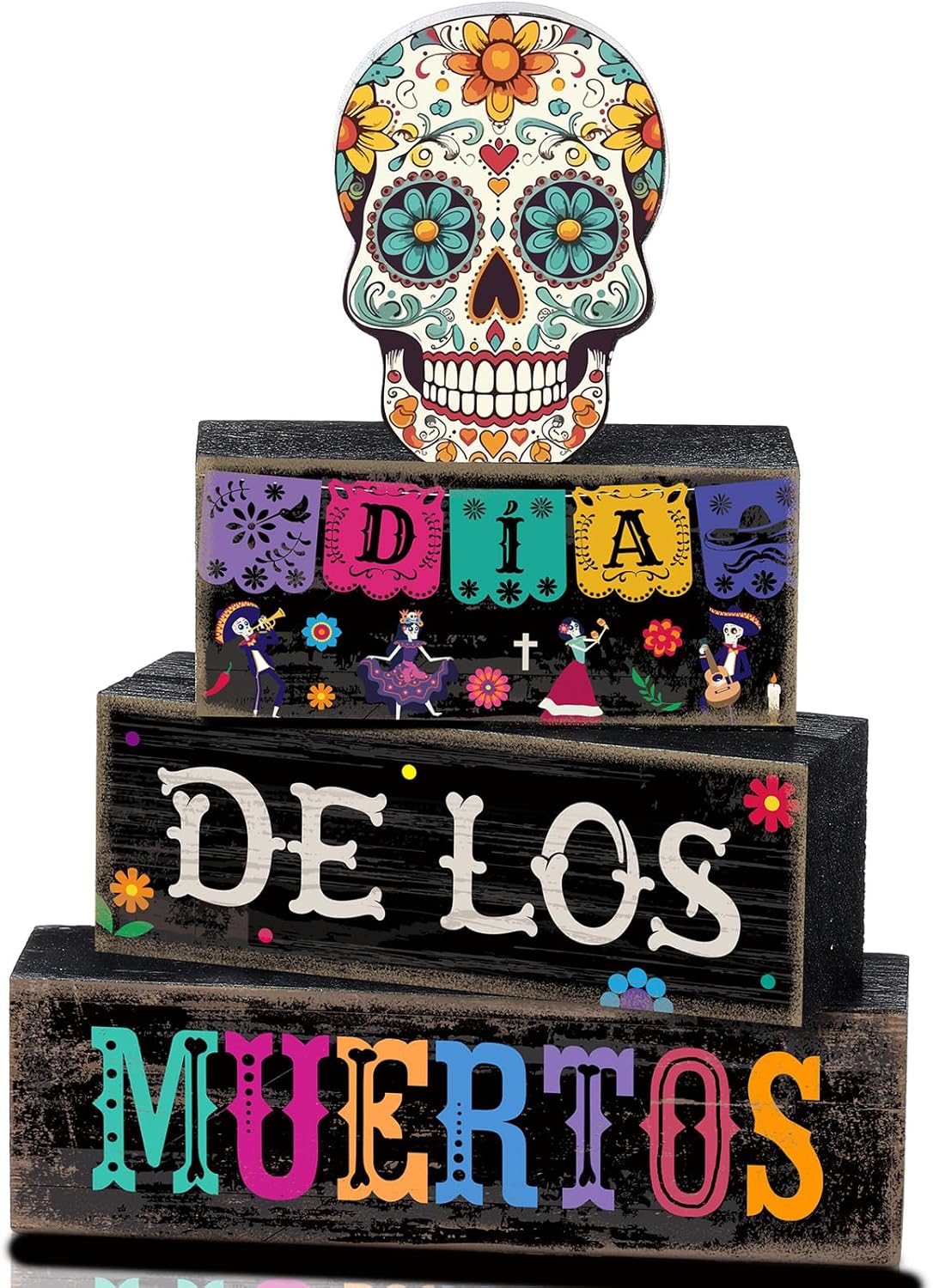 4 Pcs Day of The Dead Table Decorations Day of The Dead Centerpiece for Table Dia De Los Muertos Tiered Tray Decor Wood Sugar Skull Multicolor