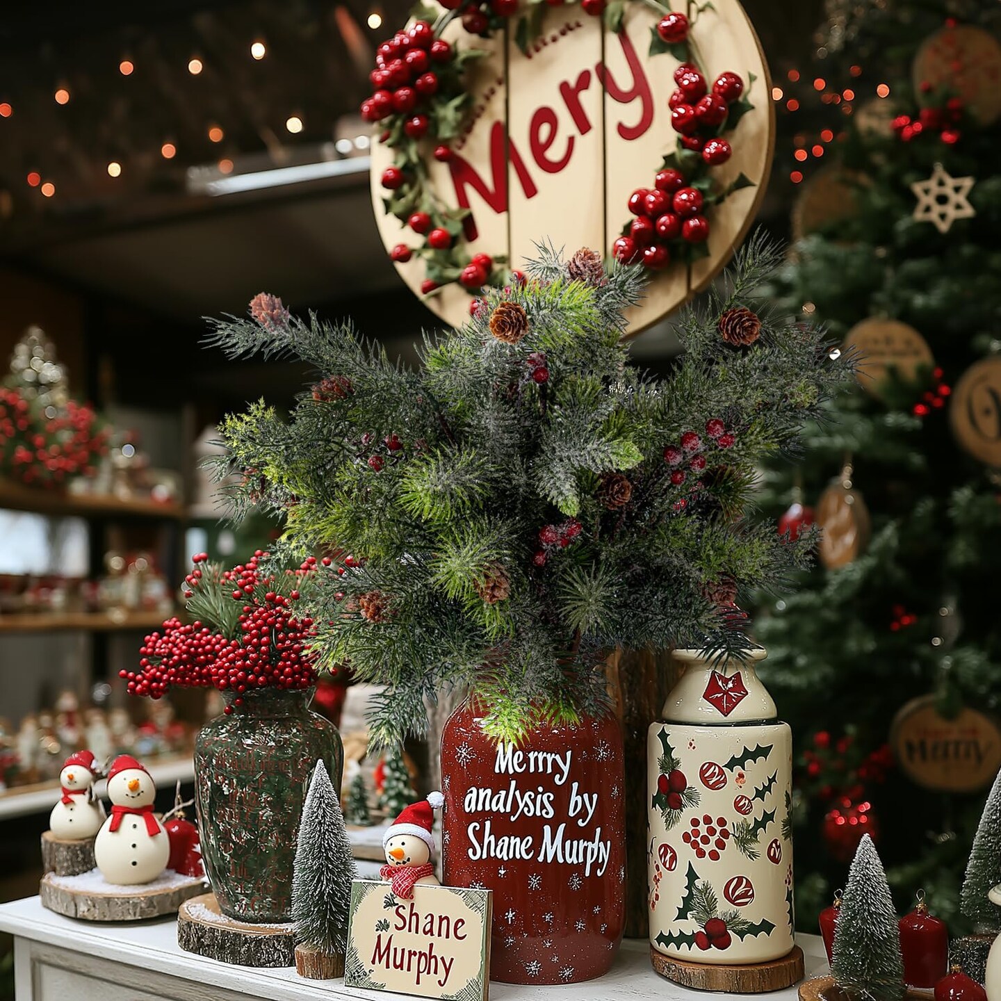Red Berry Snowy Pine Cones Fake Greenery Stems Picks(Type-4)