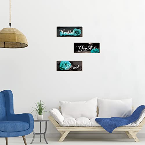 3 Pieces Rose Wooden Wall Decor Thankful Grateful Blessed Wooden Signs Inspirational Wall Art Signs Wedding Wall Decor for Room Kitchen Bathroom (Teal,16 x 6 Inch)