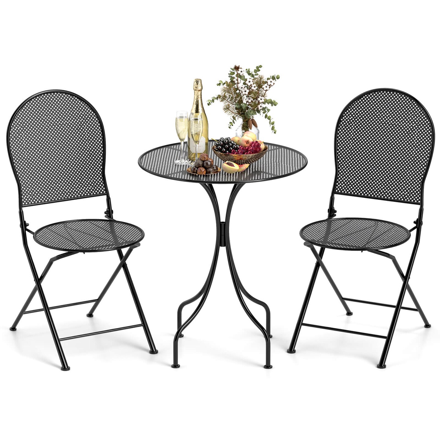 Costway 3 PCS Metal Bistro Set Round Table &#x26; 2 Folding Chairs with Rattan-Like Pattern Black/White