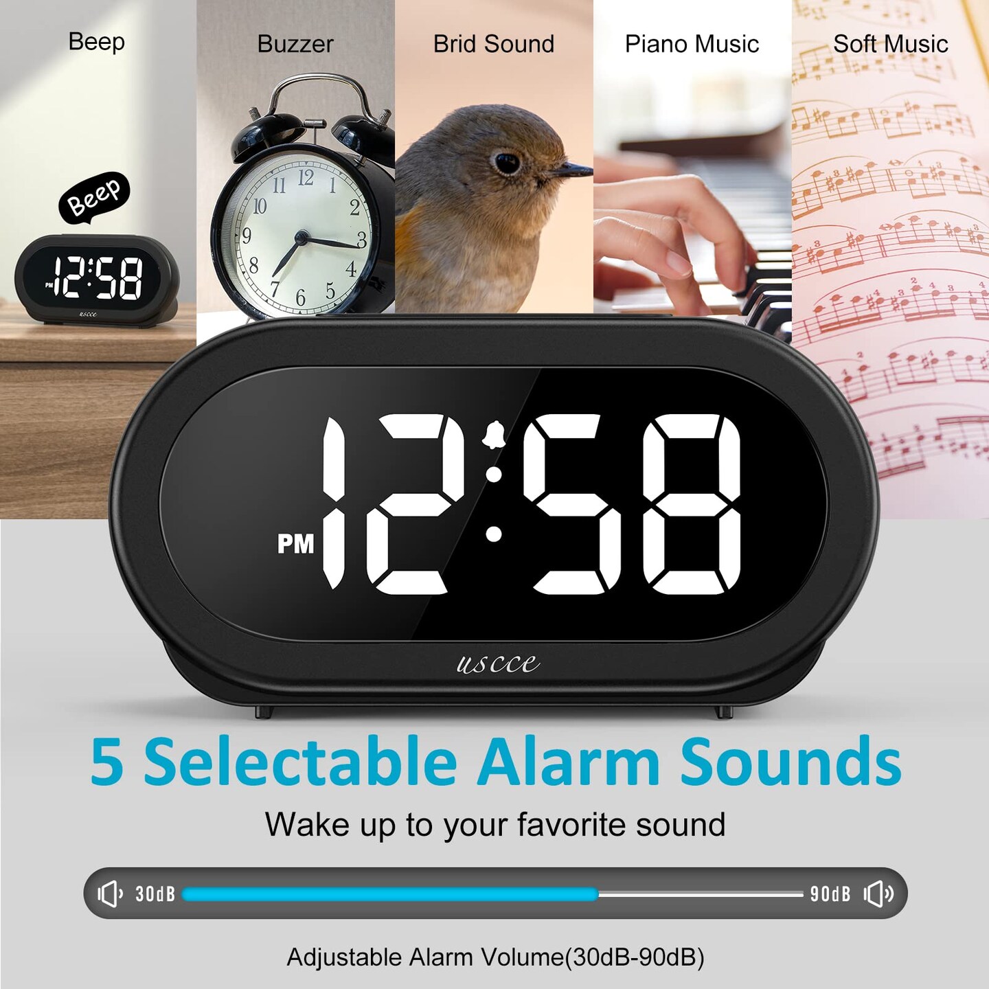Small LED Digital Alarm Clock with Snooze, Easy to Set, Full Range Brightness Dimmer, Adjustable Volume with 5 Alarm Sounds, USB Charger, 12/24Hr, Compact Clock for Bedrooms, Bedside, Desk