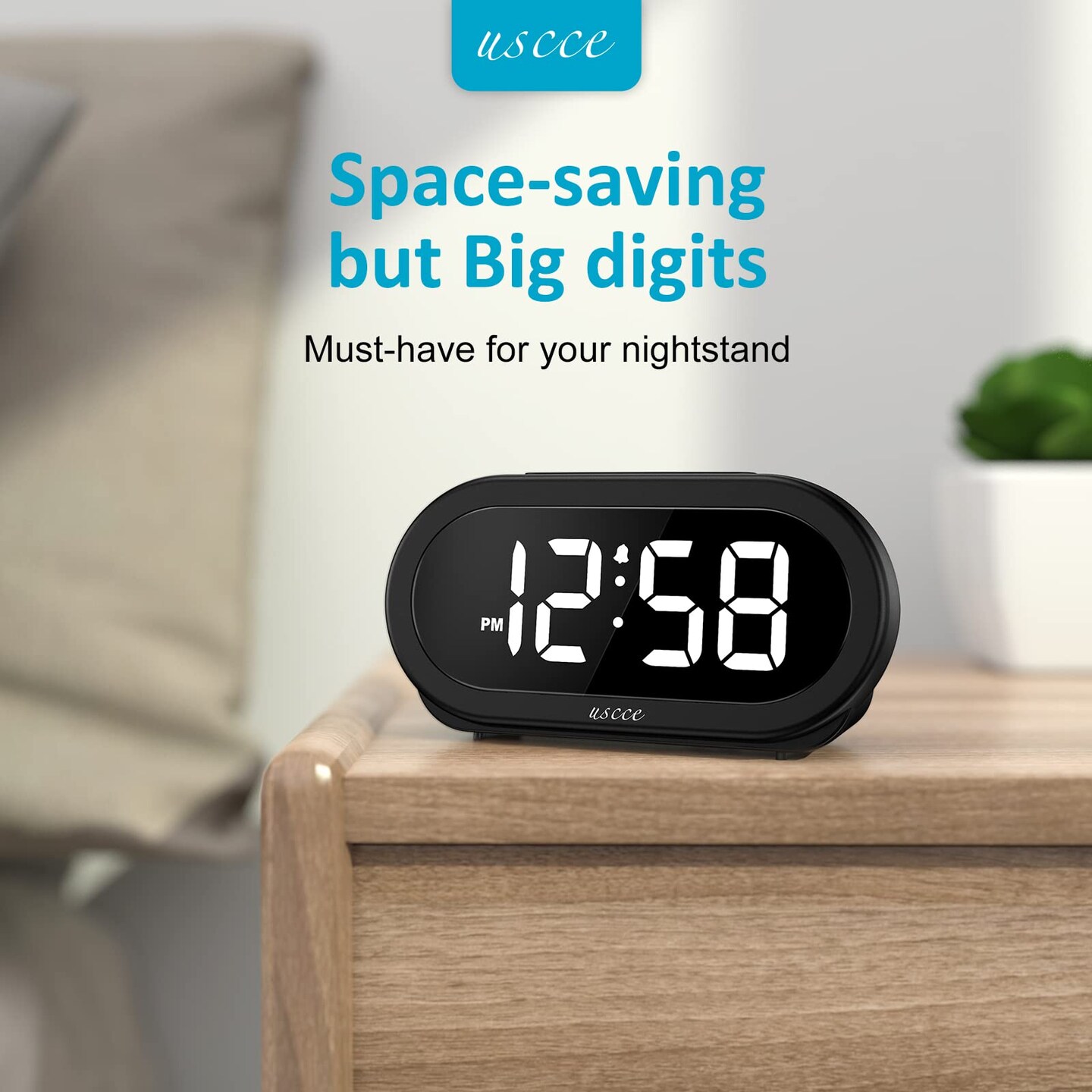 Small LED Digital Alarm Clock with Snooze, Easy to Set, Full Range Brightness Dimmer, Adjustable Volume with 5 Alarm Sounds, USB Charger, 12/24Hr, Compact Clock for Bedrooms, Bedside, Desk