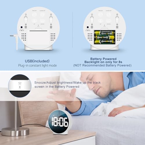 Small Digital Alarm Clock LED Desk Travel Electronic Clock Dual Alarm Snooze Dimmable Day Set 12/24H Week Display 4inch White (No Battery&Adapter) Stay on for 8 s When Powered by Battery