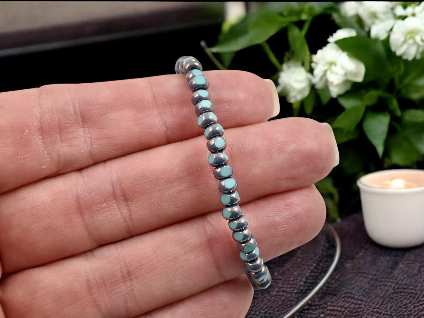 *50* 4x3mm Purple Bronze Washed Opaque Turquoise Trica Beads