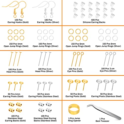 2000 Pieces Earring Making Kit, Modacraft Earring Making Supplies Kit with Earring Hooks, Earring Findings, Earring Posts, Earring Backs, Earring Pins Jump Rings for Jewelry Making Supplies