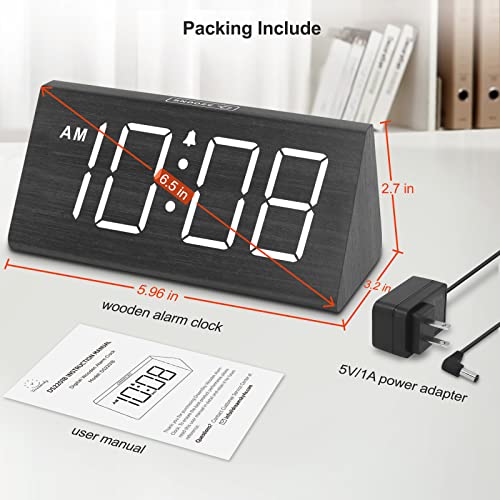 Wooden Digital Alarm Clocks for Bedrooms - Electric Desk Clock with Large Numbers, USB Port, Battery Backup Alarm, Adjustable Volume, Dimmer, Snooze, DST, 12/24H, Wood Décor (Black)