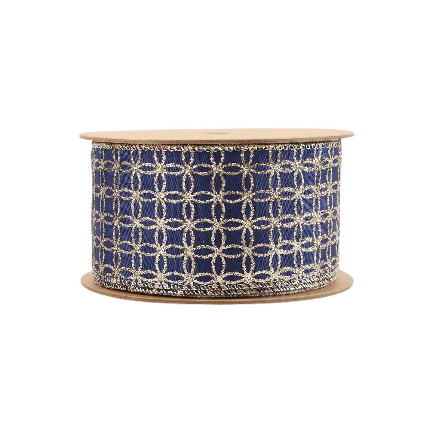LaRibbons 2 1/2" Wired Ribbon | Gold Circle on Dark Blue | 10 Yard Roll