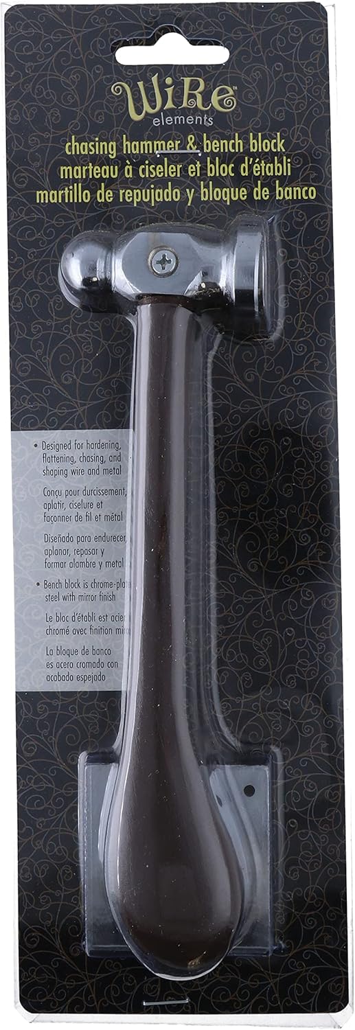 The Beadsmith Chasing Hammer & Bench Block – Wire Elements – Two-Sided Hammer, 7.5”, Wood Handle – 2” Steel Block with Hole for Riveting & Bending – Tools for Metalworking, Stamping & Jewelry Making