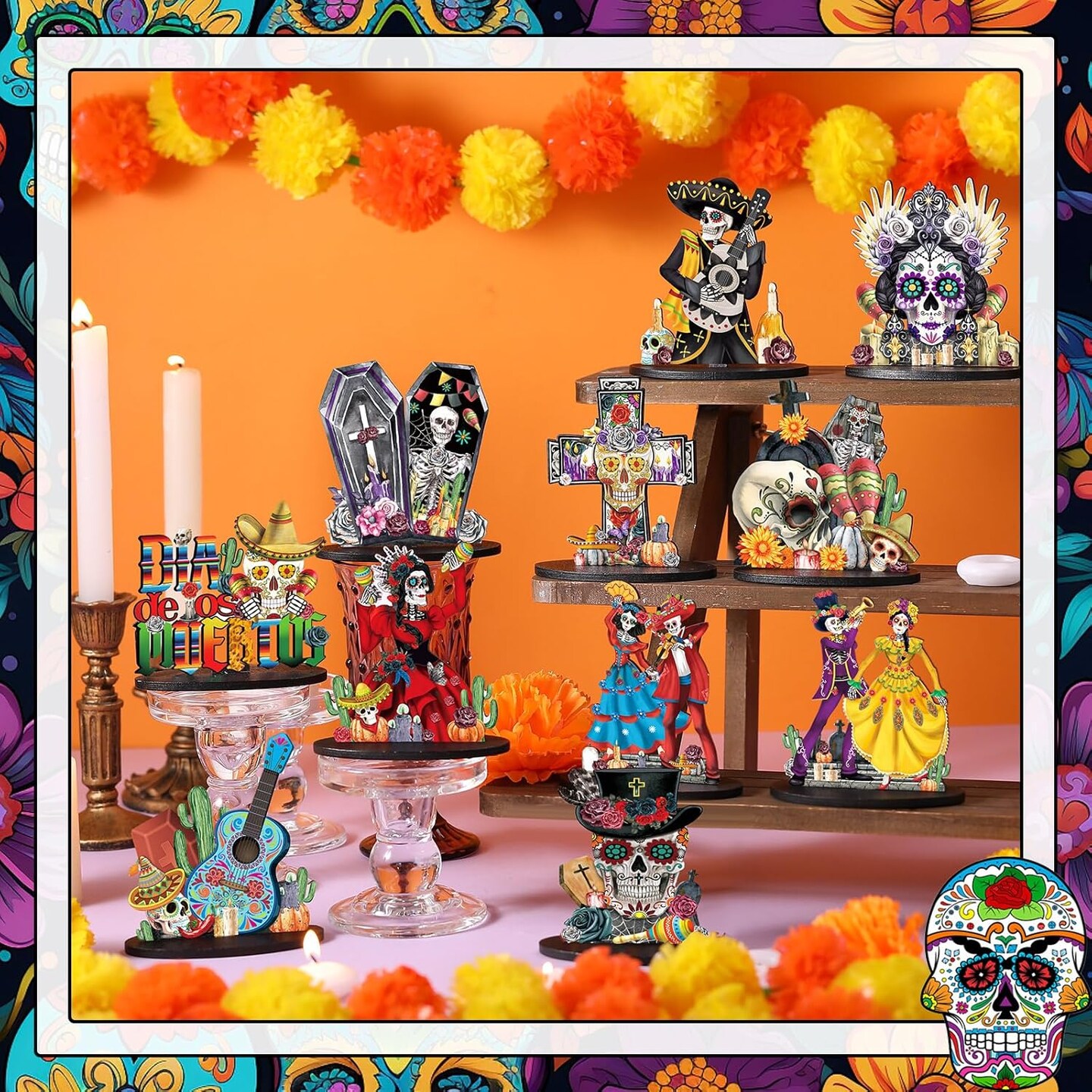 12 Pcs Day of The Dead Table Decorations Wooden Mexican Dia De Los Muertos Altar Centerpiece Halloween