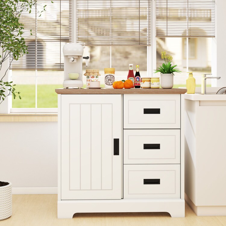 White Engineered Wood Sideboard with 3 Drawers and Adjustable Shelf