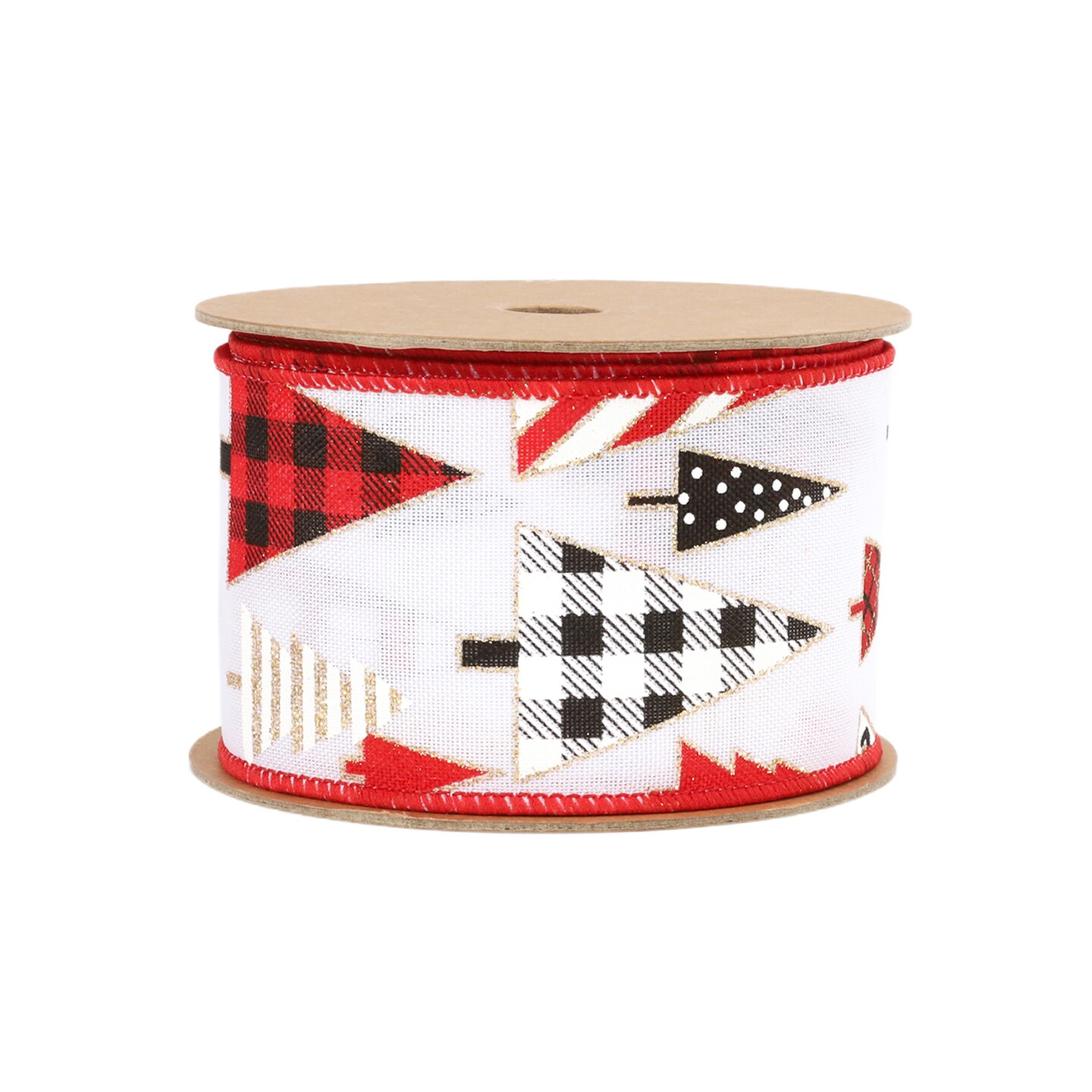 LaRibbons 2 1/2" - 1 1/2" Wired Ribbon | "Geometric Trees" White/Black/Red | 10 Yard Roll