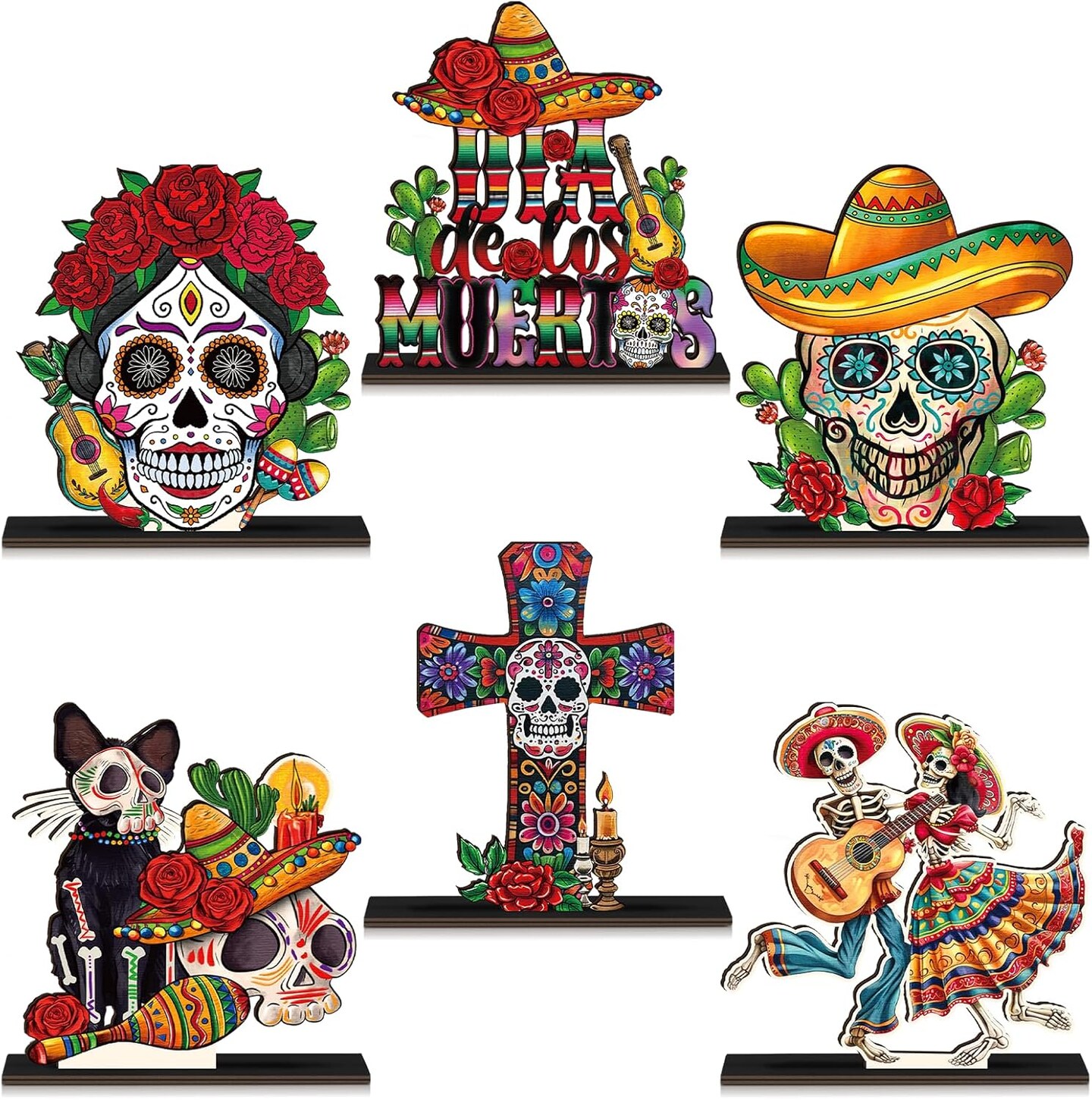 6 Pcs Day of The Dead Table Decorations Dia De Los Muertos Wooden ...