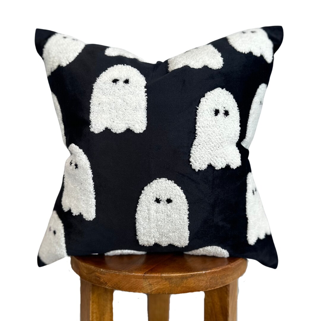 Black Velvet Ghost Pillow Cover – 18" Halloween Accent Cushion, Handmade with Hidden Zipper