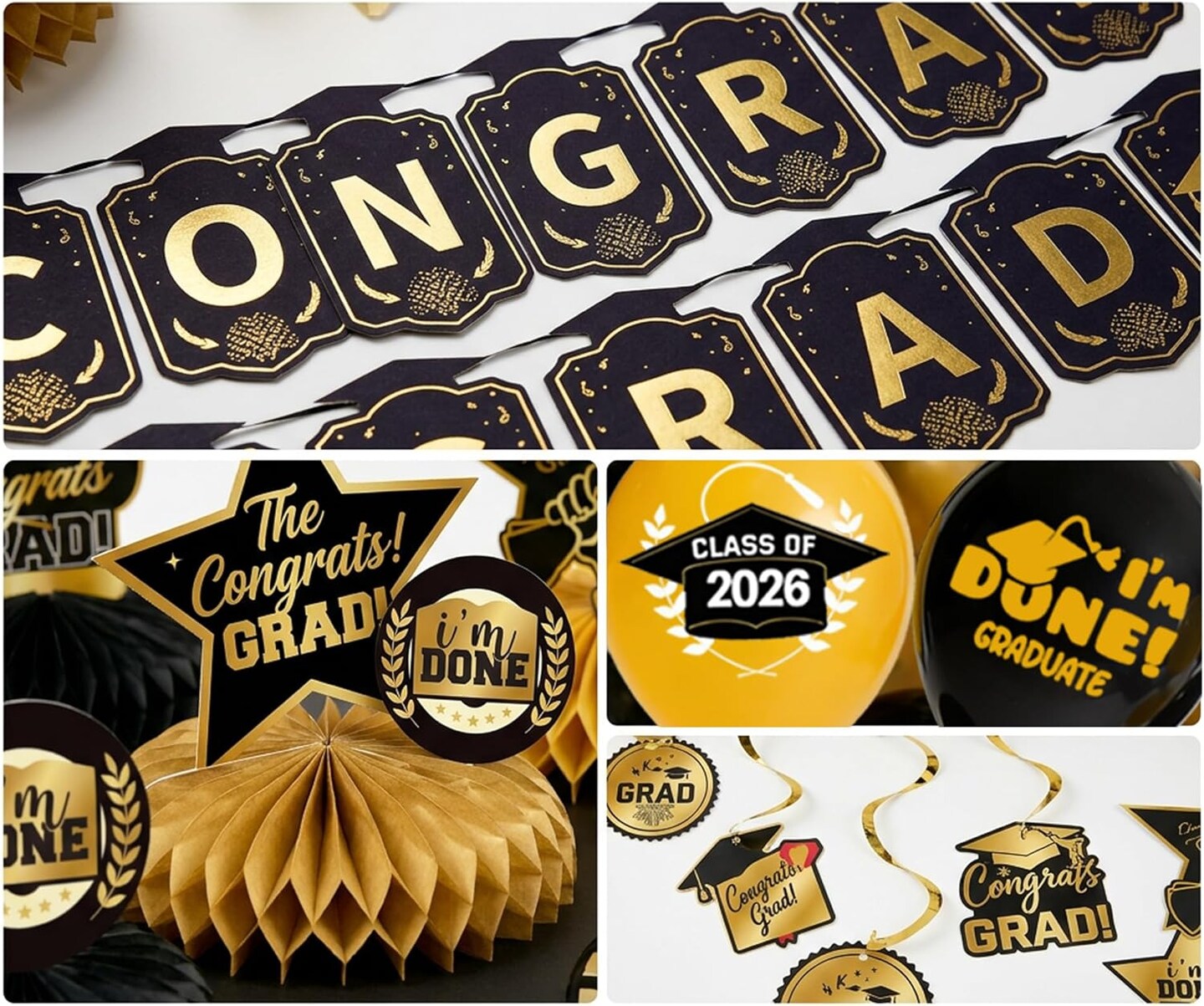 Class of 2026 Graduation Decorations - Black & Gold All-in-One Party Kit: "Congrats Grad" Backdrop, 2-Pack Gold Fringe Curtains, 2026 Foil Balloons & Tabletop Centerpieces