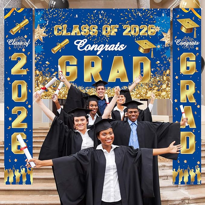 Class of 2026 Graduation Decorations - 3-Piece Blue and Gold Oxford Fabric Set: Congrats Grad Backdrop & 2-Pack Vertical Porch Banners - Durable Outdoor & Indoor Party Supplies