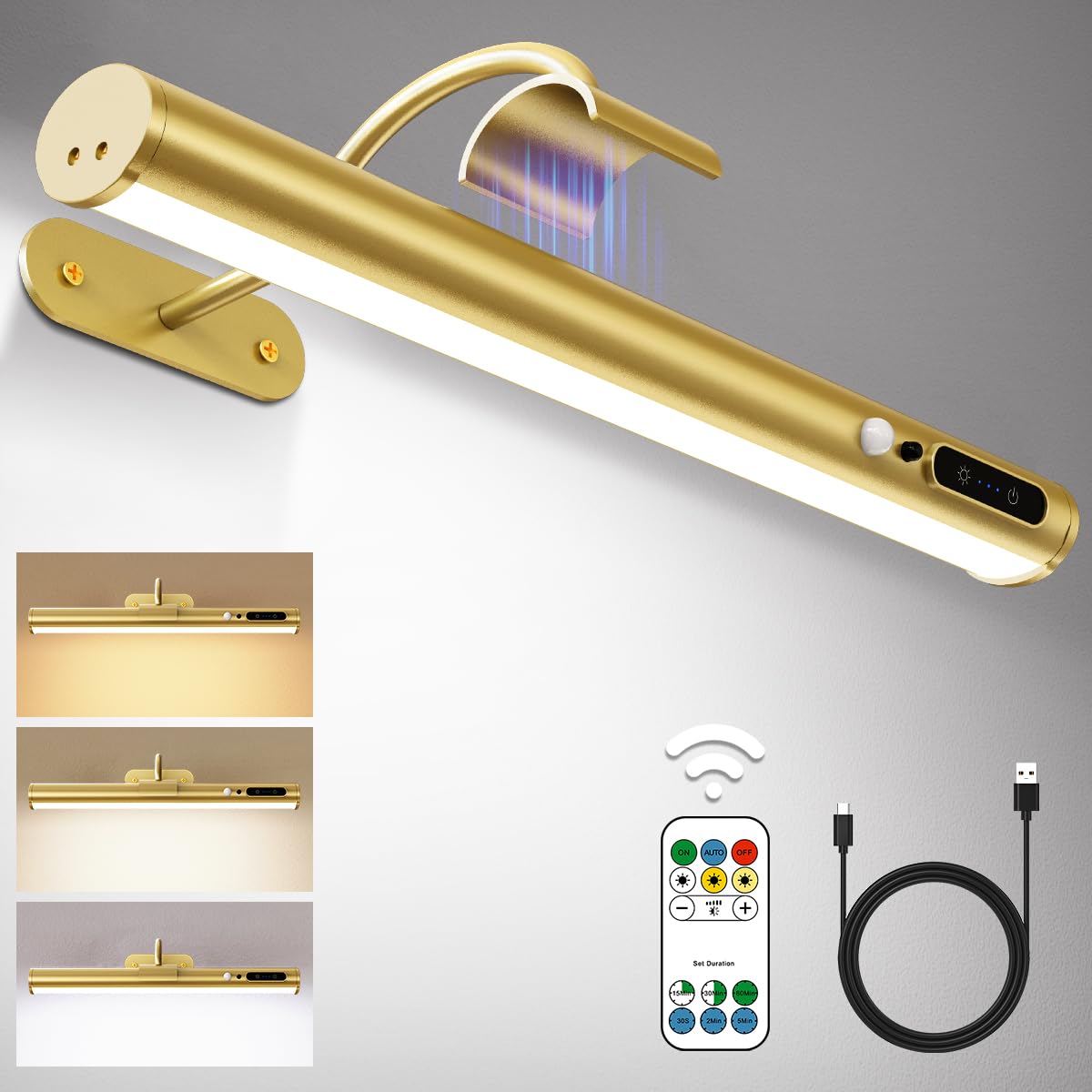Motion Sensor Battery Operated Wall Sconce, Wireless Picture Lights for Wall, Rechargeable Magnetic Art Lighting with Remote Control, Battery Picture Light for Poster Dartboard Mirror – Gold