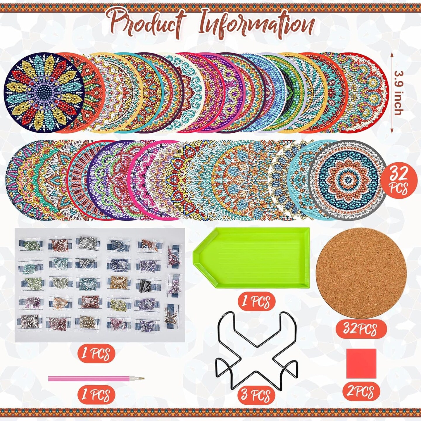 32 Pcs Mandala Diamond Painting Coasters Kit – DIY Acrylic Coasters with Cork Bases & Holders, Craft Set for Adults & Beginners, Perfect Gift