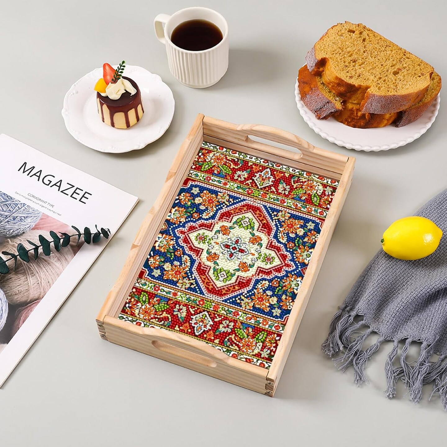5D Diamond Painting Wooden Serving Tray Kit – DIY Mandala Gem Art Tray with Handles, Big Diamond Dots Paint-by-Number Craft for Adults, 7.8x11.8 in
