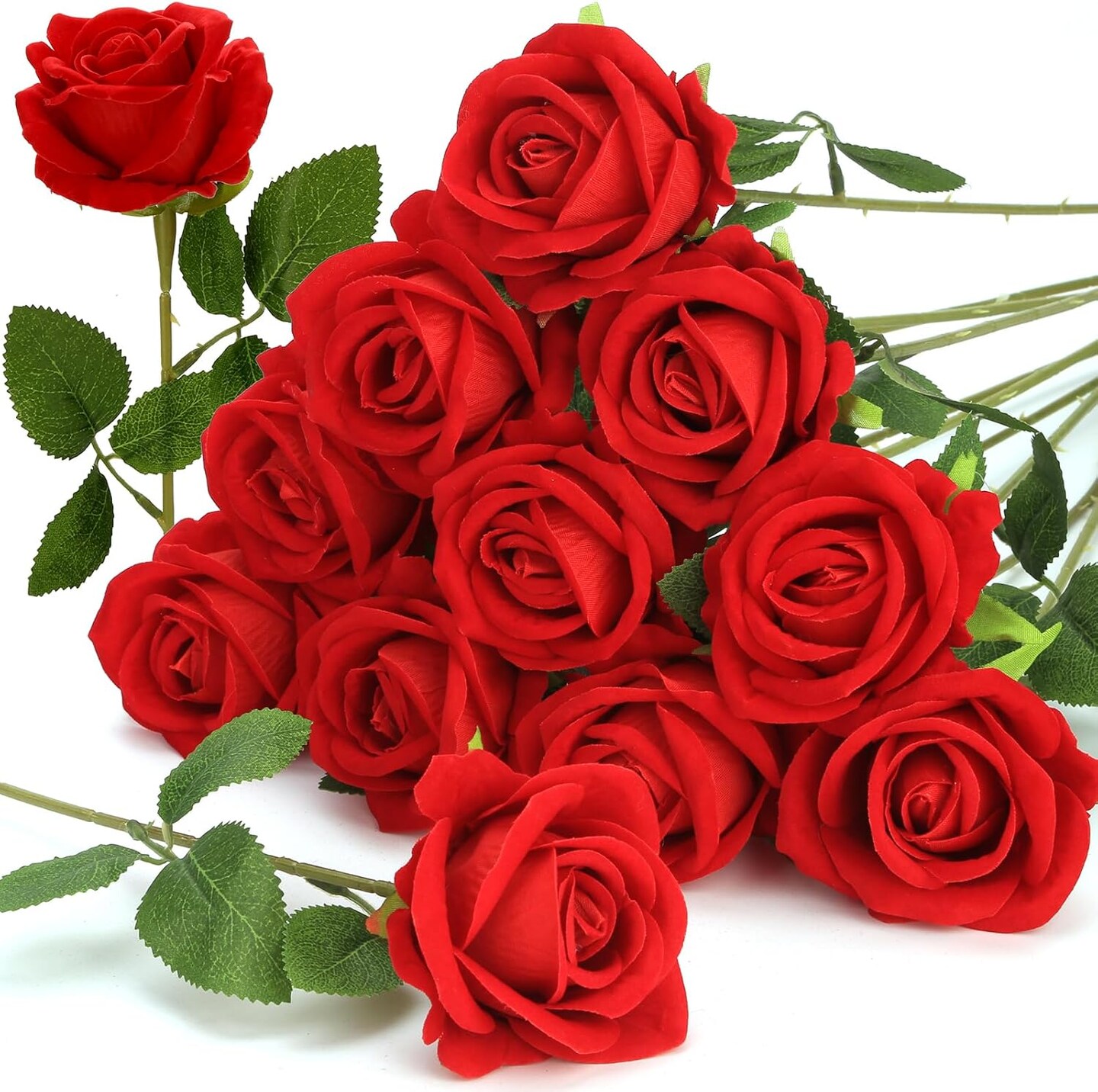 12 Pcs Red Roses Artificial Flowers, Fake Velvet Silk Roses in Bulk