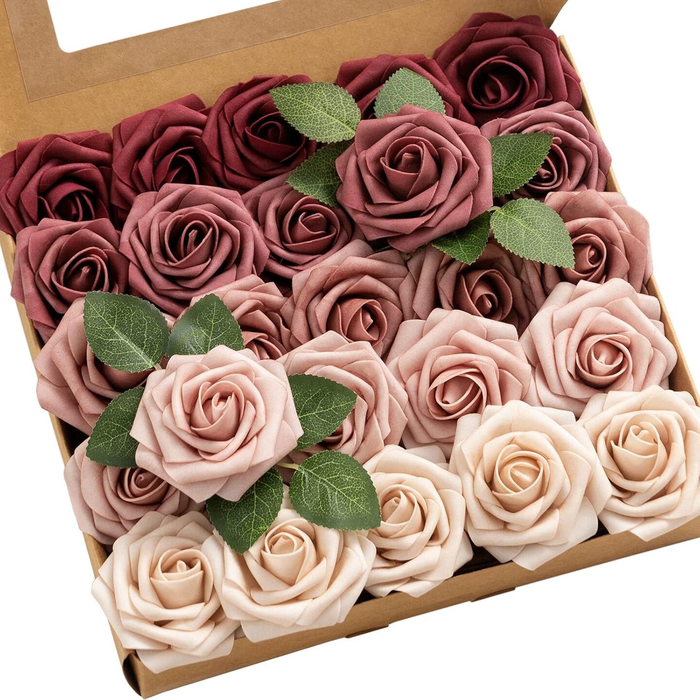 25Pcs Artificial Flowers Roses in Burgundy Mauve Shades Bouquets