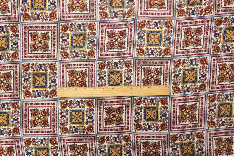 Ivory-Red-Multi Rayon Floral Tile Printed Twill Woven Fabric By the Yard