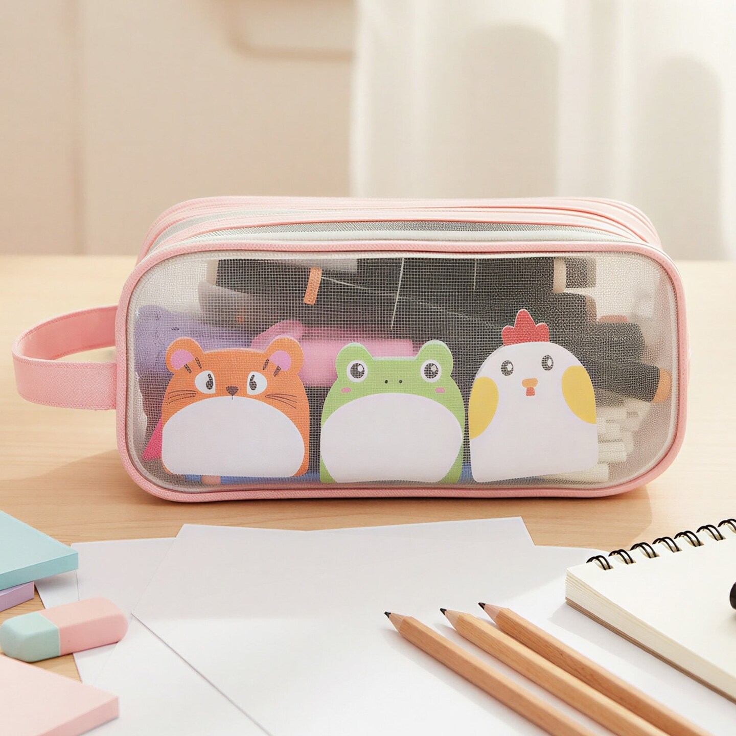 Wrapables 2 Compartment Large Grid Transparent Mesh Pencil Case, Pencil Pouch for Stationery Tools, Makeup, and Travel, Pink