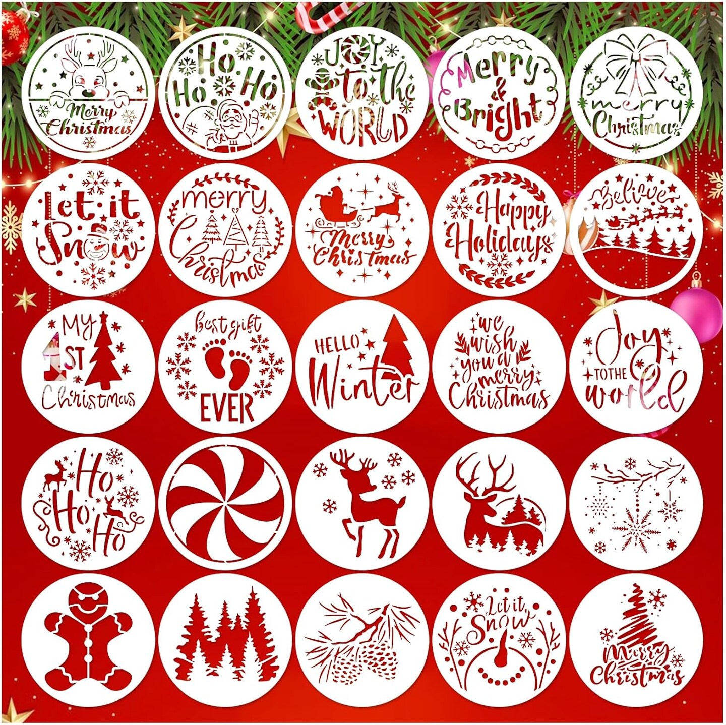 25 Pcs Christmas Stencils for Crafts Reusable (25 Christmas 4in) 4"L x 4"W
