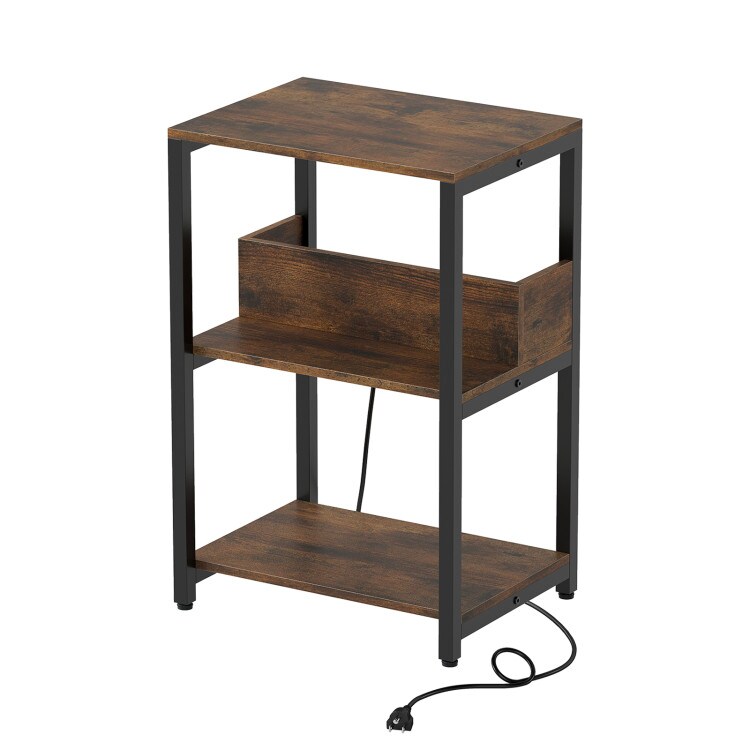 Rustic Brown Side End Table with Charging Station and Open Shelves