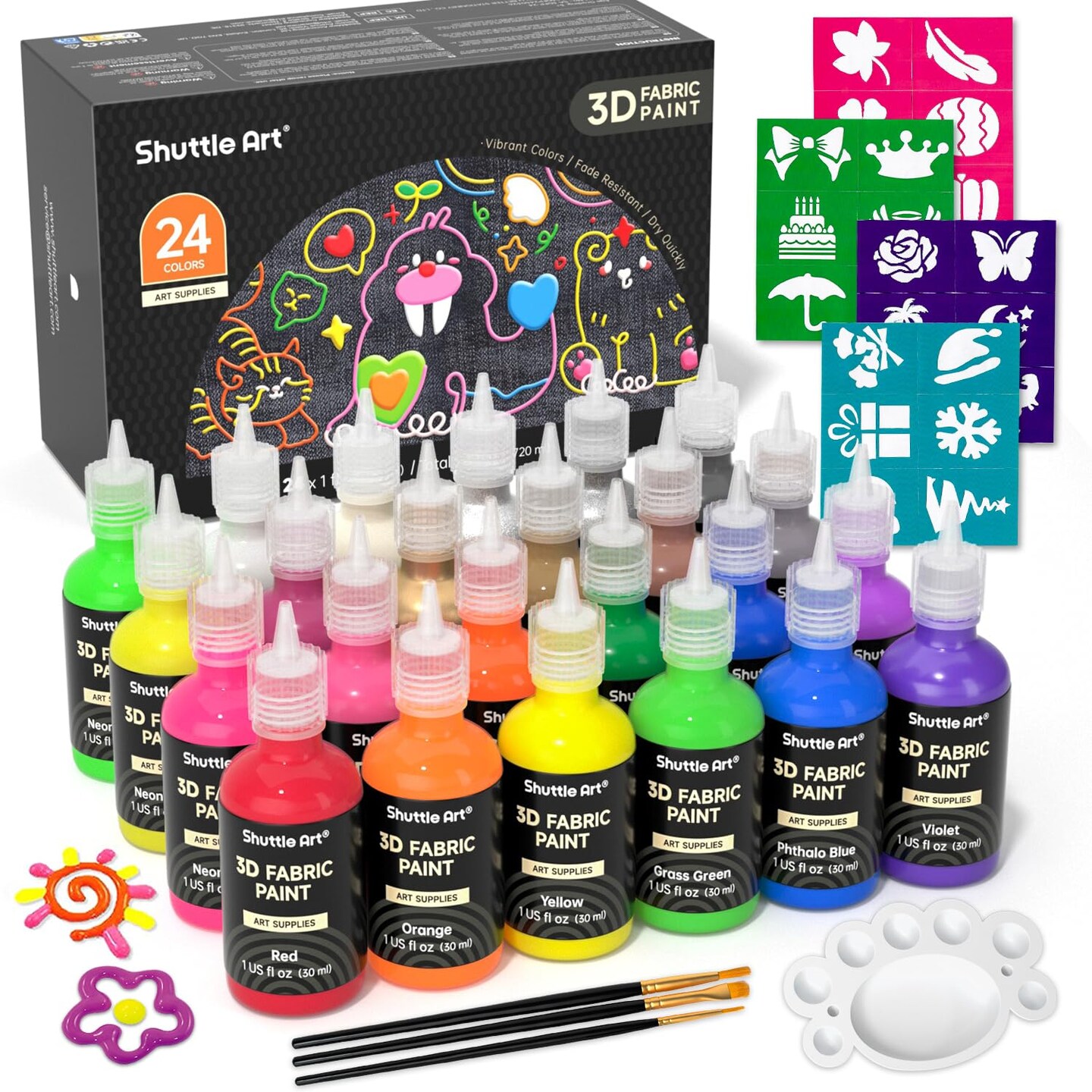 Fabric Paint, 24 Colors 3D Permanent Paint with Brushes Palette Pen Fabric Sheet Stencils, Glow in The Dark, Glitter, Metallic Colors for Textile Fabric T-shirt Jeans Glass