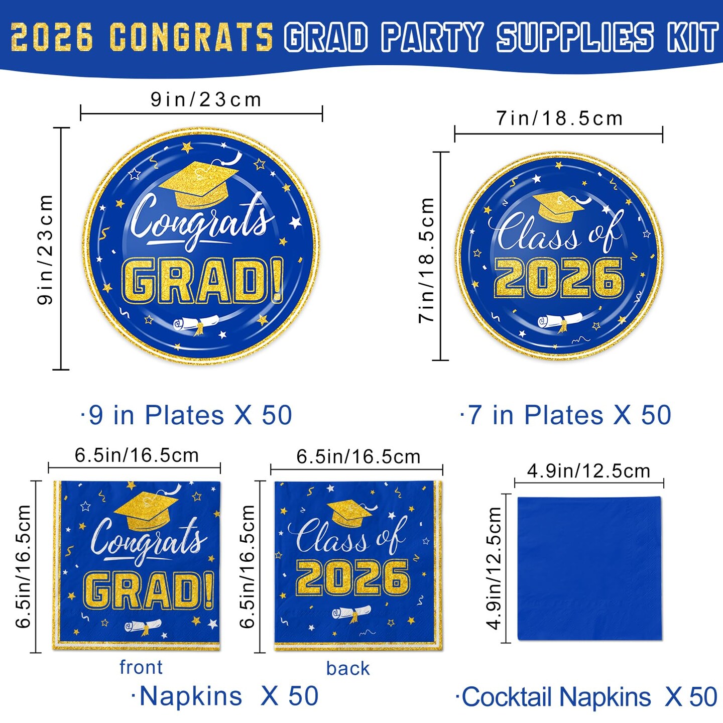 Graduation Plates and Napkins 2026 Congrats Grad Disposable Paper Plates Cocktail Napkins Luncheon Napkins for Blue and Gold Graduation Party Decorations, Serve 50