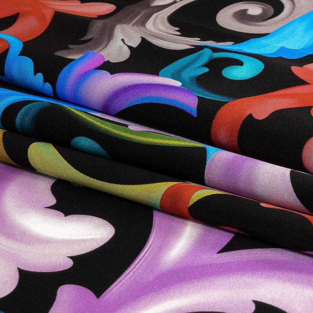 1 Yard Silk Charmeuse Rainbow Swirl Print Made Black Multicolor Ornate 53 Inches Wide