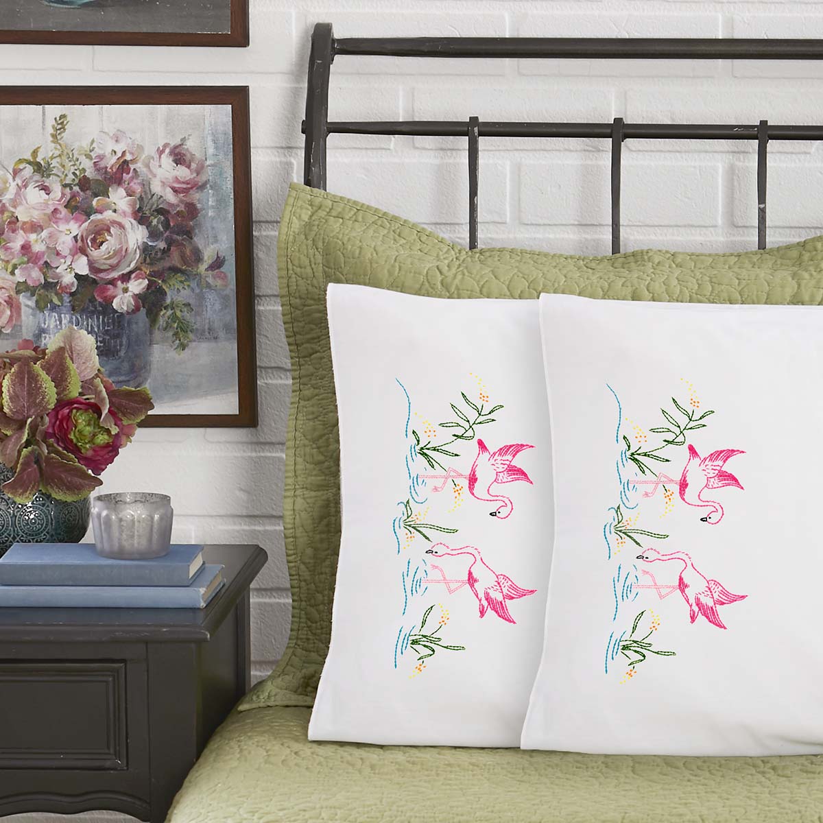 Herrschners  Tropical Flamingos Pillowcase Pair Stamped Embroidery