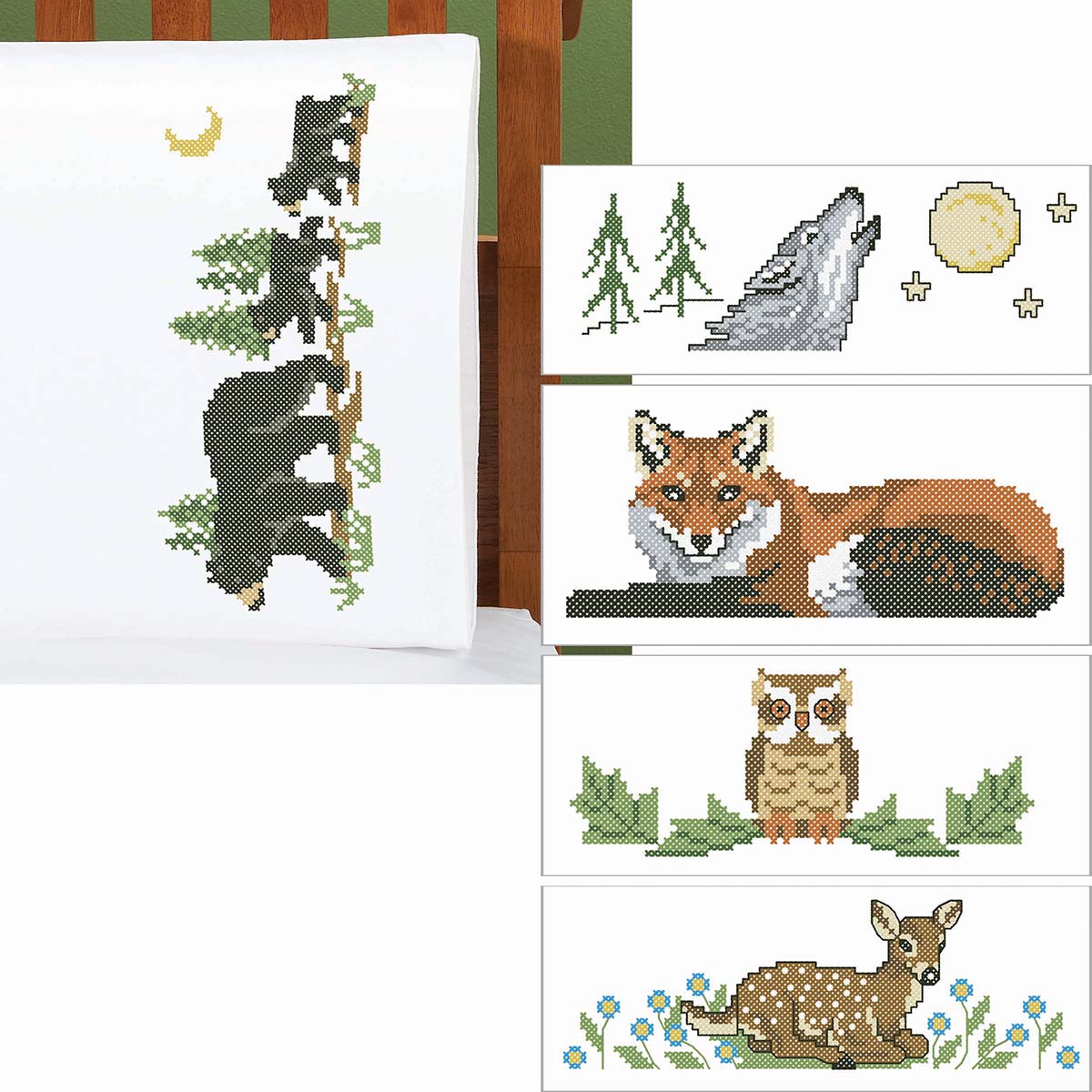 Herrschners Wildlife Wonder Pillowcase Set Stamped Cross-Stitch