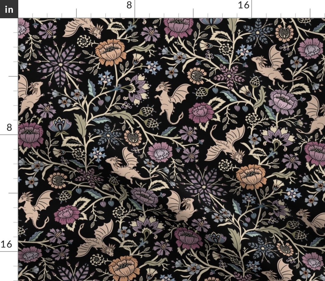 Fantasy Floral Fairy Tale Gothic Black Purple Traditional Floral Victorian Arts And Crafts Custom Printed Fabric by Spoonflower Various Fabrics by the Yard or Fat Quarter