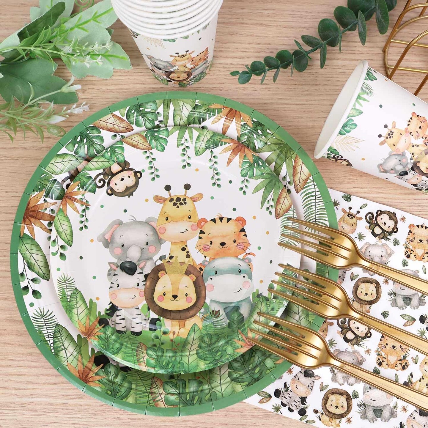 Safari Jungle Baby Shower Tableware Set – Sage Green for 25 Guests
