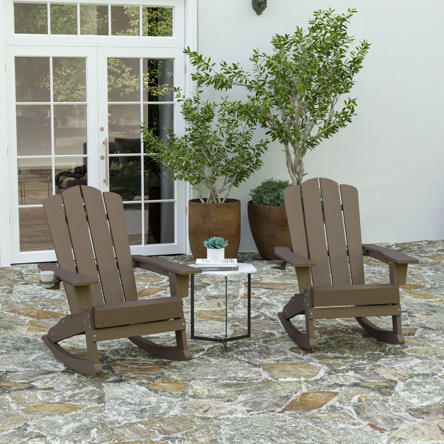 Merrick Lane Nassau Adirondack Chair with Cup Holder and Pull Out Ottoman, All-Weather HDPE Indoor/Outdoor Lounge Chair