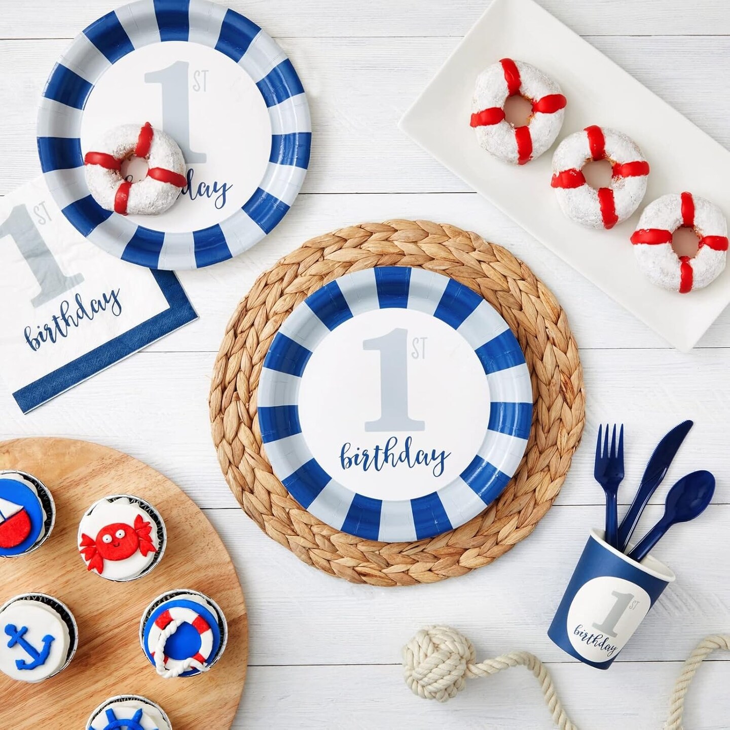 144-Piece Baby First Birthday Decorations and Tableware Sets - Nautical Blue (Serves 24)