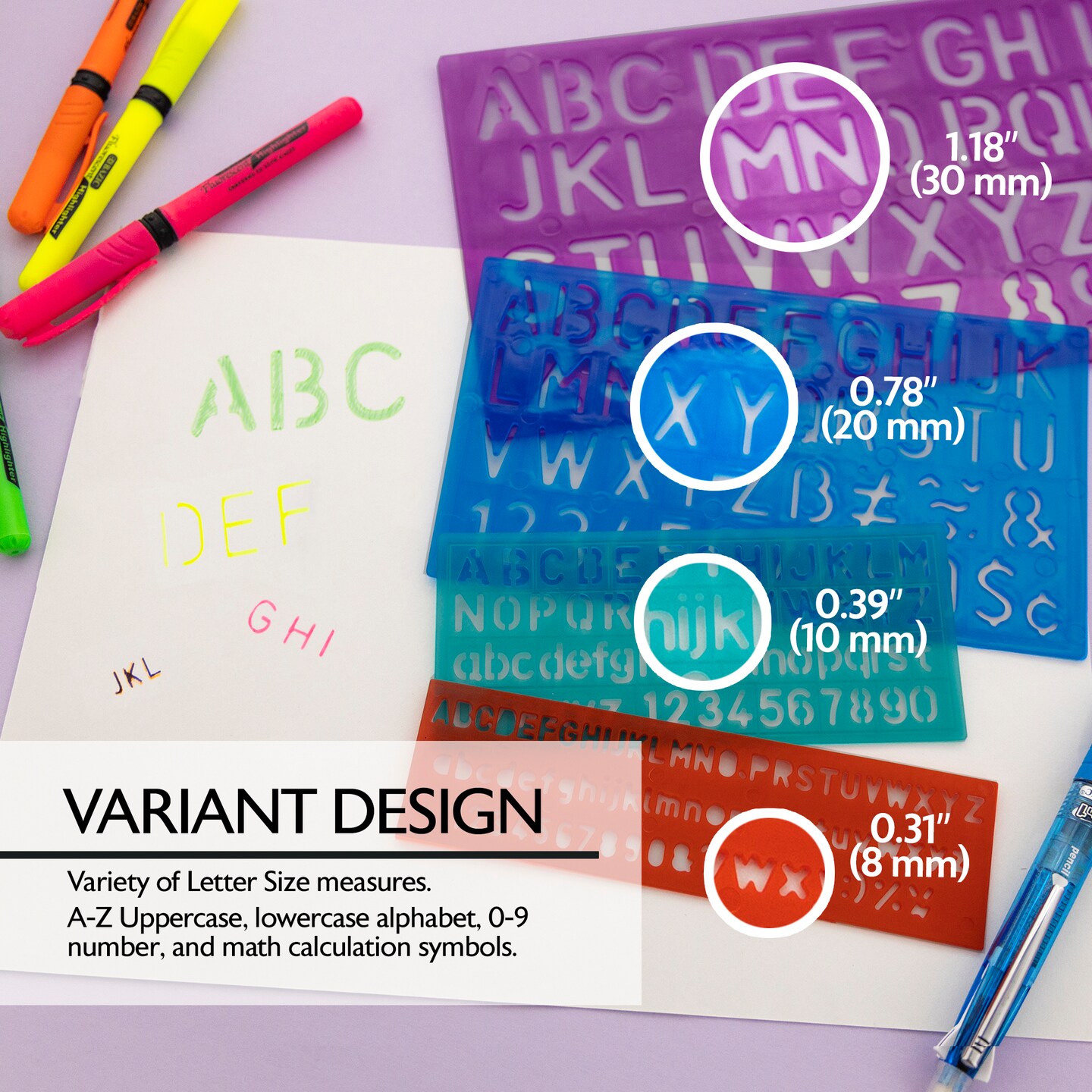 BAZIC 8, 10, 20, 30 mm Size Lettering Stencil Sets (4/Pack)