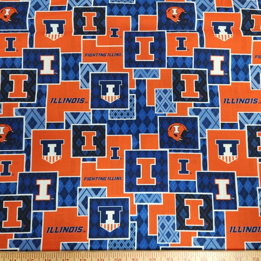 Licensed NCAA University of Illinois Argyle Boxes Cotton Fabric by the Yard
