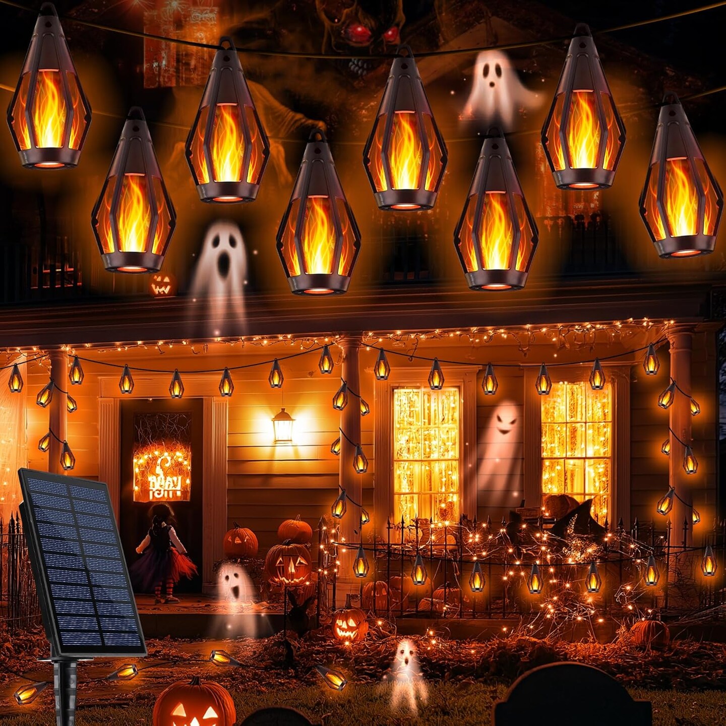42ft 15 LED Lights Outdoor Solar String Lights,Solar Flame String Lights (Warm White)
