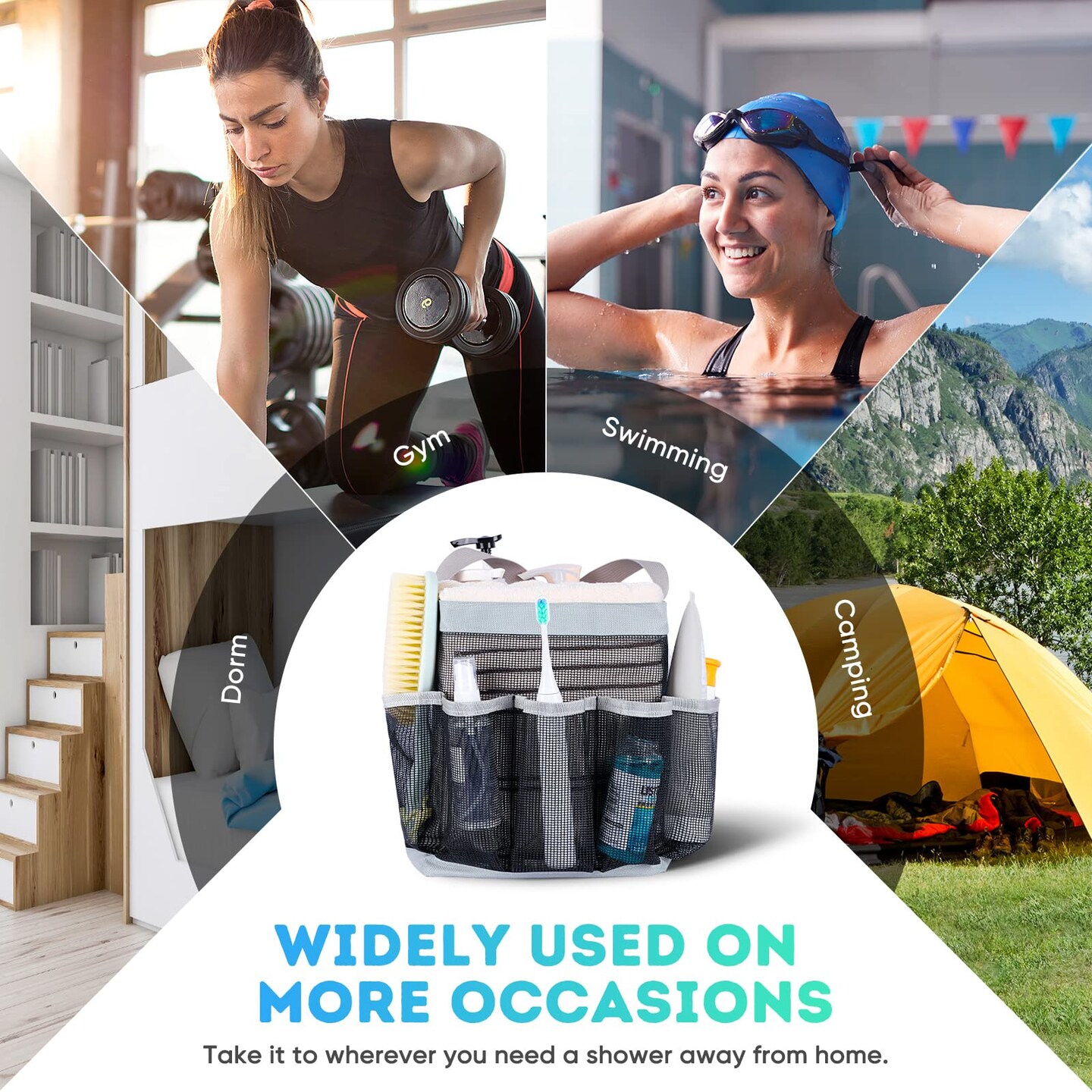 Mesh Shower Caddy Portable for College Dorm Room Essentials with 8-Pocket Large Capacity for Beach,Swimming,Gym-Grey