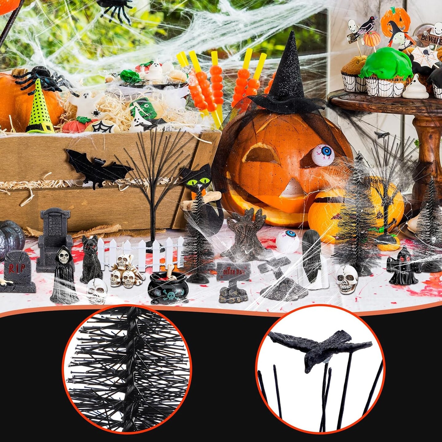 Halloween Figurines Spooky Bare Branches Tombstones Skeleton Skulls